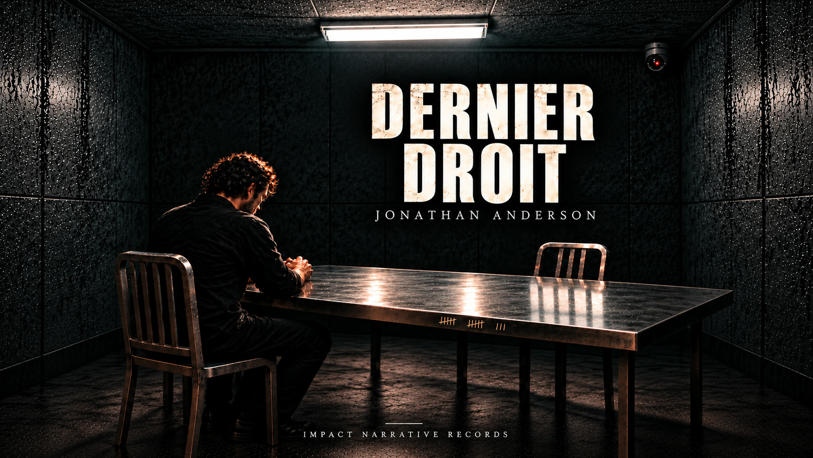 Un homme seul, la tête baissée, assis à une table de métal dans une salle d’interrogatoire sous un néon. Treize traits sont gravés sur le bord de la table. Titre : Dernier droit, Jonathan Anderson.